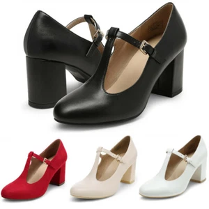 Womens Mary Jane T-Strap Pumps Close Toe Chunky Heel Dress Pump Shoes - Picture 1 of 22