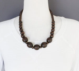 dark Brown wood necklace big chunky bead stretch 19" long necklace beaded wooden - Picture 1 of 7