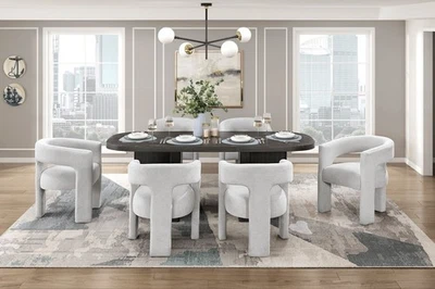 Modern Dining Set 7pc Table and Gray Fabric Chairs Luxury Aesthetic Furniture - Image 1 of 4