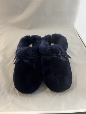 Zapatilla de casa zueco peludo Dearfoams para mujer talla 9 azul marino Foto 1 de 4