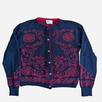 Vintage 70s Pendleton Wool Cardigan Sweater Black & Red Norwegian Paisley Medium - Image 1 of 4