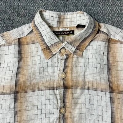 Camisa con botones de lino Cubavera para hombre grande tostada/blanca a cuadros geométrica manga corta Foto 1 de 4