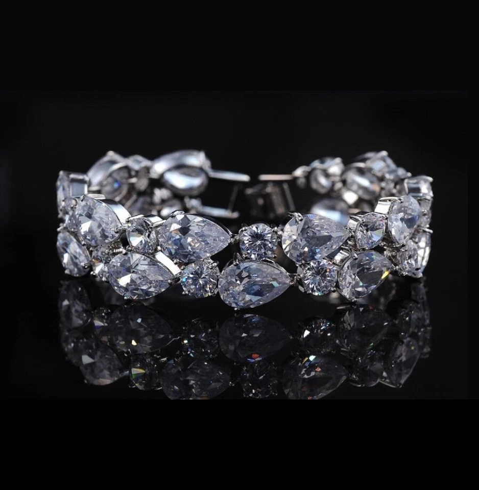 18k White Gold Filled Simulated Diamond Gemstone Tennis Bracelet Bridal Jewelry - Image 1 of 4