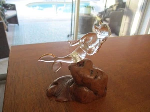 4" LONG VINTAGE clear glass Mermaid Statue Figurine crystal ?? ON WOODEN "ROCK" - Picture 1 of 6