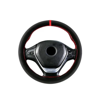Red Suede Leather Braid Car Steering Wheel Cover  With Needle Thread Accessory - Image 1 of 4