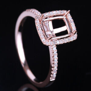 Bague semi-monture coussin/émeraude/rayonnante 8 x 6 mm diamant taillé halo or rose 14 carats