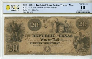 Billete del Tesoro de la República de Texas de 1839-41 CR-TX-A6 PCGS VG10 TRANSVERSAL - Imagen 1 de 2