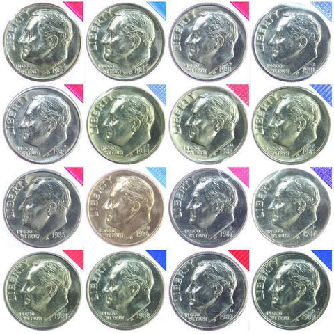 1980-1981 1984-1989 P D Roosevelt Dimes BU Mint Cello Run Decade Set 16 US Coins Cover