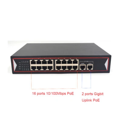 POE Switch 16 port 10/100Mbps and 2 port Gigbit Uplink 48V for POE IP Cameras - Image 1 of 4