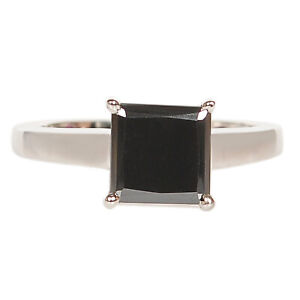 AA -1.35Ct Square Cut Natural Black Diamond Solitaire Ring 925 Sterling Silver