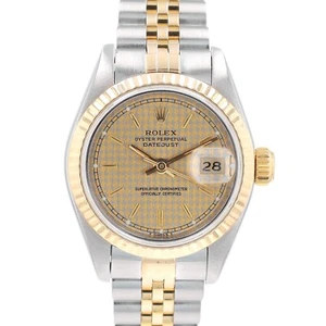 ROLEX DATEJUST 18KY SS LADIES WATCH HOUNDSTOOTH DIAL W/ BOX & PAPER 69173 26MM - Picture 1 of 11