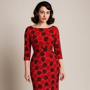 Vintage 60er rot schwarz Blumen wackelnd drapiert Rücken Kleid Schleife Taille Cocktail Party - Bild 1 von 23