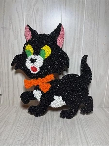 Vintage Halloween Cat 1970s Melted Plastic Popcorn Wall Decoration 16.5" Tall - Picture 1 of 2