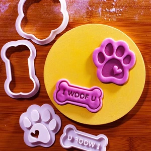 Dog Paw & I WOOF U Bone Mini 2" Cookie Cutter & Stamp Set - pet treats baking - Picture 1 of 6