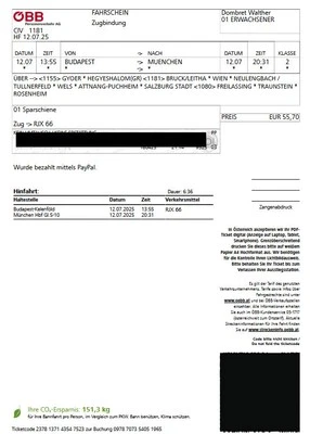 2 Zugfahrkarten + 2 Fahrradstellplätze Budapest München 12.7. um 13:55, Direkt - Bild 1 von 4