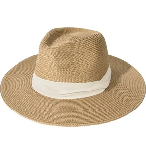 Womens Mens Wide Brim Straw Panama Hat Fedora Summer Beach Sun Hat UPF Straw ... - Picture 1 of 8