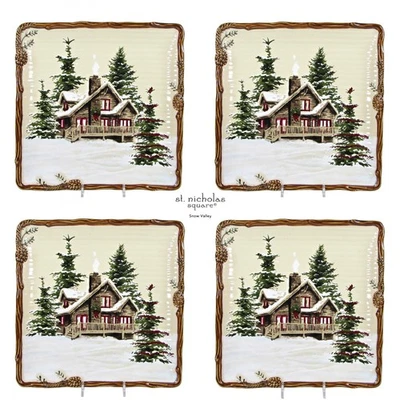 St. Nicholas Square SNOW VALLEY - CABIN 10.5" Dinner Plate Set 4 Pine Trees Snow - Image 1 of 4