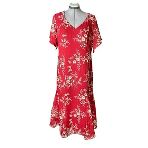 Vtg NWT Adrianna Papell 6 Red Floral Silk Flutter Sleeve Midi 14 Tan Lined 90s - Picture 1 of 7