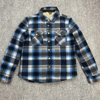 Eddie Bauer Sherpa Lined Flannel Jacket Boys 10-12 Snap Front Blue Plaid Shacket - Image 1 of 4