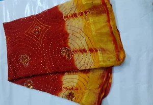 Sari de Georgette bordado pesado flor de diseñador rojo amarillo para mujer - Imagen 1 de 4