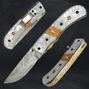 Handmade Engraved Damascus Steel Folding Pocket Knife With Sheath & Sharpener - Picture 1 of 5