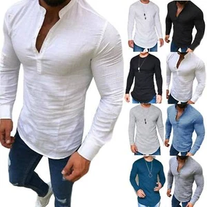 Men V-Neck Button T-Shirt Casual Muscle Long Sleeve Shirt Solid Slim Fit Tops - Picture 1 of 12