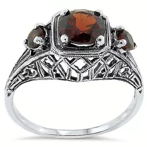 GENUINE GARNET 925 STERLING SILVER 3 STONE ART DECO STYLE FILIGREE RING #160 - Picture 1 of 3