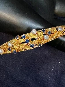 Sapphire & Pearl 14K Gold Bangle Bracelet - Picture 1 of 9
