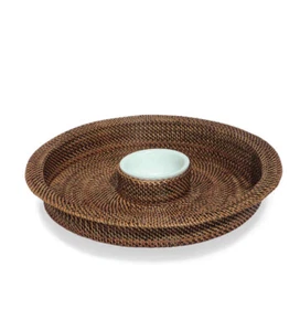 CALAISIO, LARGE 16" WOVEN RATTAN CHIP & DIP SERVER, WITH REMOVABLE INSERT - Picture 1 of 10