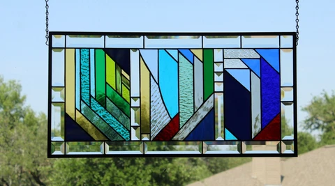Abstract modern triangles stained glass Window hanging 25.5x 12 7/8 geometric re Cover