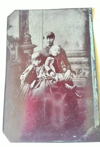ANTIQUE TINTYPE PICTURE PHOTOGRAPH WOMAN AND CHILDREN  - Picture 1 of 4