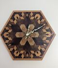 Vintage  Handmade Wood Inlay Marquetry Geometric Wall Clock 13.5" X 16"