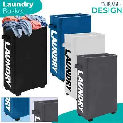 Neu Slim Wäschekorb Auf Ausrollen Räder Wasserfest Faltbar Waschen Mülleimer - Bild 1 von 4