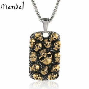 MENDEL Mens Stainless Steel Gothic Gold Plated Skull Dog Tag Pendant Necklace - Picture 1 of 7