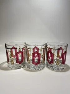 Cerve De Valbar Italy 3 Old Fashioned Tumblers 3 1/2" Tall Red & Gold - Picture 1 of 4