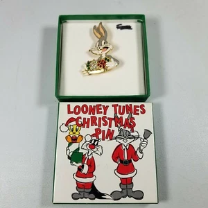 Bugs Bunny Christmas Brooch Pin Looney Tunes Hold Ornaments NIB Good Tone Rhine - Picture 1 of 5