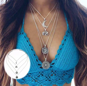 Long Chain Boho Necklace Women Crystal Pendant Jewelry Multi-layer Choker Gift - Picture 1 of 4