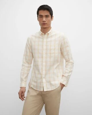 Club Monaco BLANC DE BLANC MULTI Men's Slim Plaid Linen Blend Shirt, US Large - Image 1 of 4