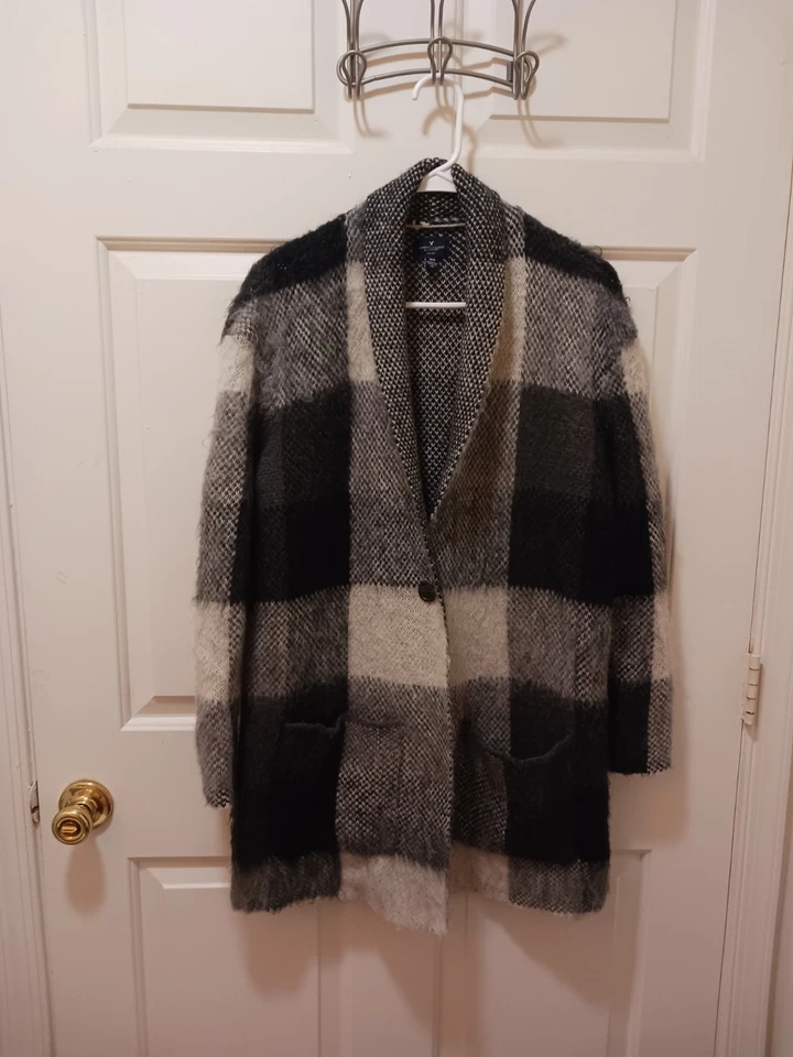 American Eagle Oversized Buffalo Plaid Sweater Coat Mohair Wool Cozy Fuzzy XS/S - Image 1 of 4