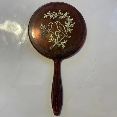 Vtg Brown Celluloid Bakelite Hand Held Retro Lovebirds Mirror 11” - Image 1 of 4