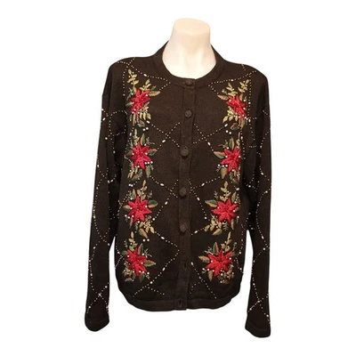 Черный рождественский кардиган Bon Worth пуансеттии с вышивкой бисером женский большой - Изображение 1 из 4