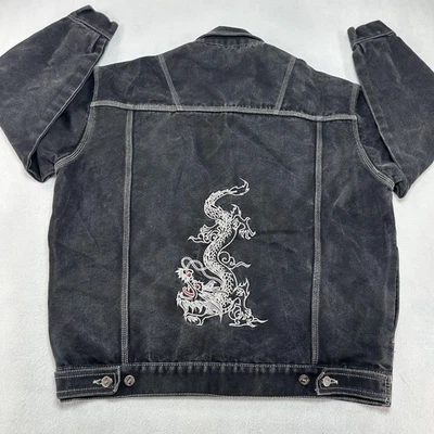 Brooklyn Xpress Jacket Mens Medium Black Denim Dragon Embroidered Trucker Washed - Image 1 of 4