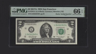 USA RADAR SERIAL NUMBER FRN San Francisco $2 2017 A PMG Gem UNC 66 EPQ - Image 1 of 3