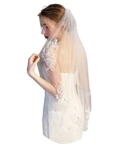 EllieHouse Womens Short Fingertip Length 1 Tier Lace White Wedding Bridal Vei... - Picture 1 of 7