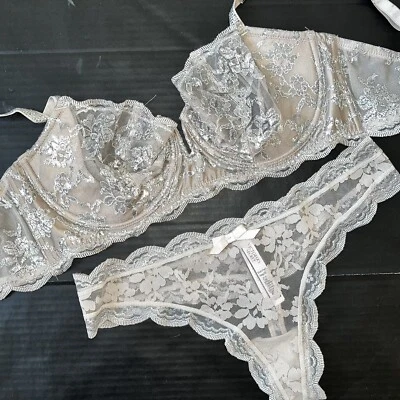 Victoria's Secret JUEGO SUJETADOR SIN FORRO 34D,34DD,38D L BEIGE plata encaje CORREA BRILLANTE Foto 1 de 4