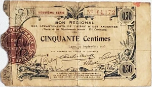FRANCE 1915 BON REGIONAL 50 CENTIMES NOTE ~ 9TH SERIAL (REGIONAL BOND) RARE!!! - Picture 1 of 6