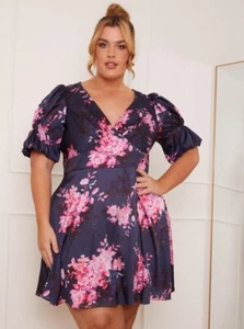 Chi Chi London Plus Size Short Sleeve Floral Printed Mini Dress Navy Size UK 18 - Picture 1 of 15