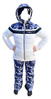 J. LINDEBERG Damska biała/niebieska puchowa kurtka narciarska i spodnie z kapturem 900 $ Sugerowana cena detaliczna W idealnym stanie XL