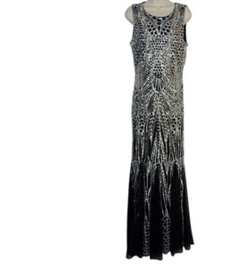 Calvin Klein Damen Maxi Cocktailkleid Schwarz Silber Pailletten Chiffon 10 Neu - Bild 1 von 5