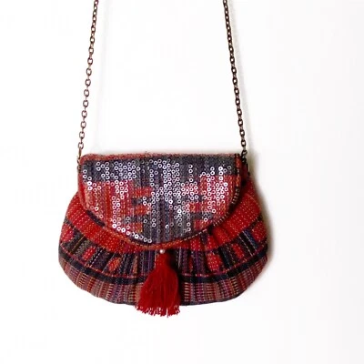 Mossimo Supply Co Bolsa Corrente Xadrez Vermelha Pequena Embreagem Boho - Imagem 1 de 4